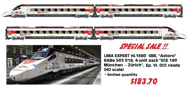 RIVAROSSI HL1680 (Lima Expert) SBB, “Astoro” RABe 503 018, 4-unit pack “ECE 190 M&uuml;nchen  Z&uuml;rich”, period VI
