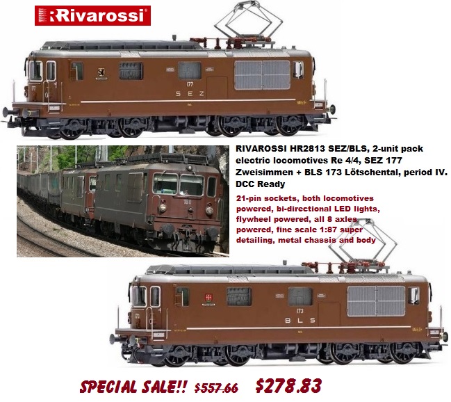 RIVAROSSI HR2813 SEZ/BLS, 2-unit pack electric locomotives Re 4/4, SEZ 177 Zweisimmen + BLS 173 L&ouml;tschental, period IV