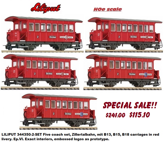 LILIPUT 344350-2-SET Five coach set, Zillertalbahn, mit B13, B15, B18 carriages in red livery. Ep.VI. 